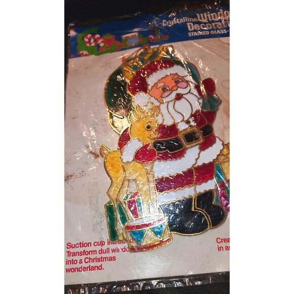 Vintage Xmas Window Decoration Stained Glass Look Santa & Reindeer - Picture 2 of 5